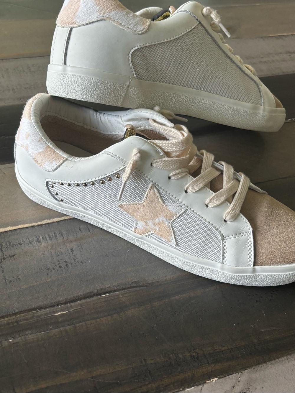 Vintage Havana Hair-On-Hide Star Sneakers | White Beige Leather | W’s Size 11 - Picture 2 of 11